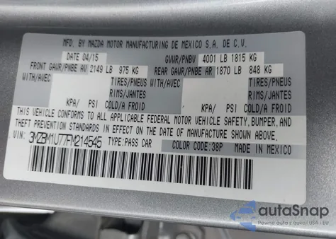 2015 Mazda Mazda3 I Sport из США, поврежденный, VIN 3MZBM1U77FM214545